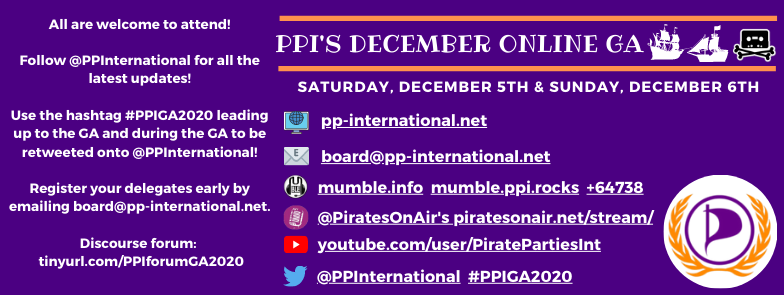 ppinternational's tweet photo. Join us at #PirateBeer Friday and the GA this weekend.
Pirate Beer at BBB https://t.co/Pns1CgXWz8.
GA will be held on Mumble while streamed to YT https://t.co/sMrp5XW9b0.
An alternative is @PiratesOnAir https://t.co/0uHJ1E73Ct.
Much more 👉 https://t.co/Y99ihOxhSp #PPIGA2020 https://t.co/OFH7tCiyiJ