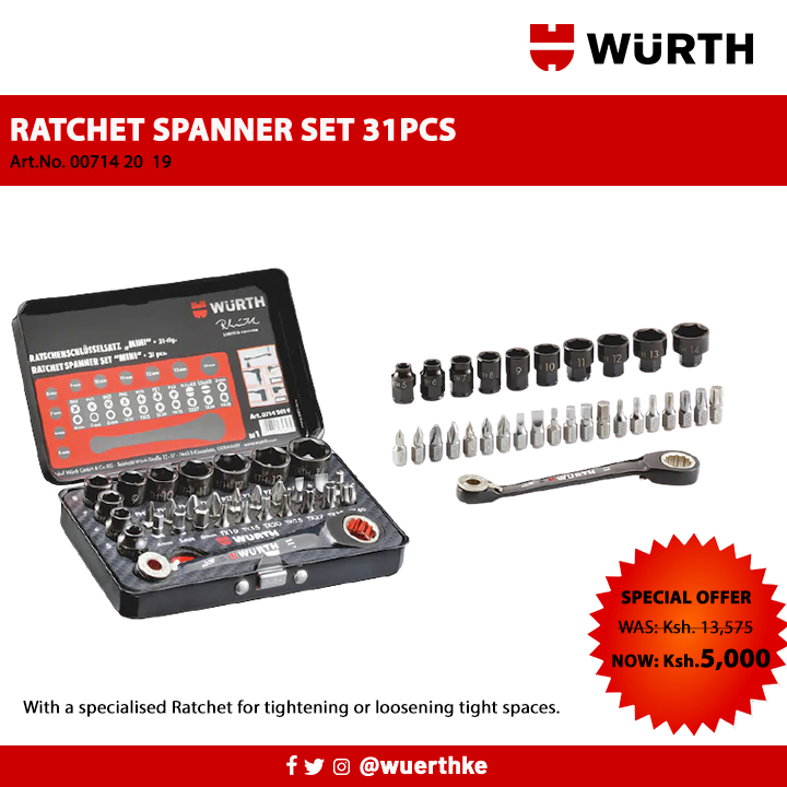 WuerthKe's tweet photo. For a limited time only we are selling our Reinhold Würth Limited Edition Ratchet Spanner set (31 PCS)   
Art. No. 0714 2019
To order now call/Whatsapp +254110945454 or Click: https://t.co/8dfHtqktdk
#wurthkenya #wurthfasteners #wuerthtools #wurth https://t.co/vrqa4Kg1Ie