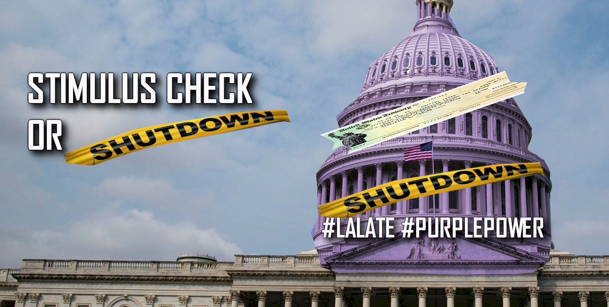 LALATE's tweet photo. "Dear Congress:
If we don't get our check, you sure don't get your check."
- #LALATE #PURPLEPOWER
#stimuluscheckORshutdown https://t.co/sBAECvDqYX