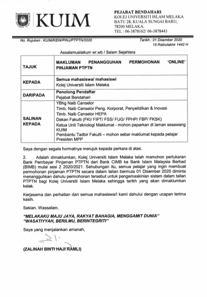 mppkuim's tweet photo. [ MAKLUMAN PENANGGUHAN PERMOHONAN ONLINE PINJAMAN PTPTN ] https://t.co/Ni2IJItQRA
