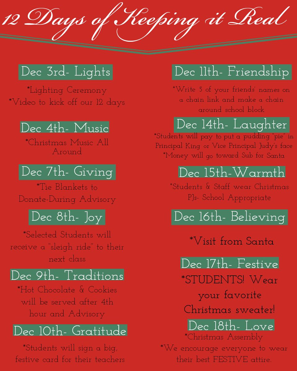 It’s almost Christmas which means we are starting out 12 days of keeping it real! Here is the schedule for the next couple of weeks.