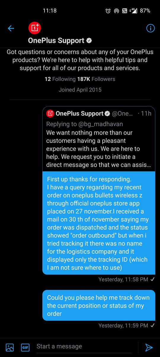 bg_madhavan's tweet photo. @OnePlus_Support @oneplus @OnePlus_Support Yesterday a query was initiated but I am yet to recieve a response. Can I get someone to help me out please? https://t.co/WSnyu6INTr