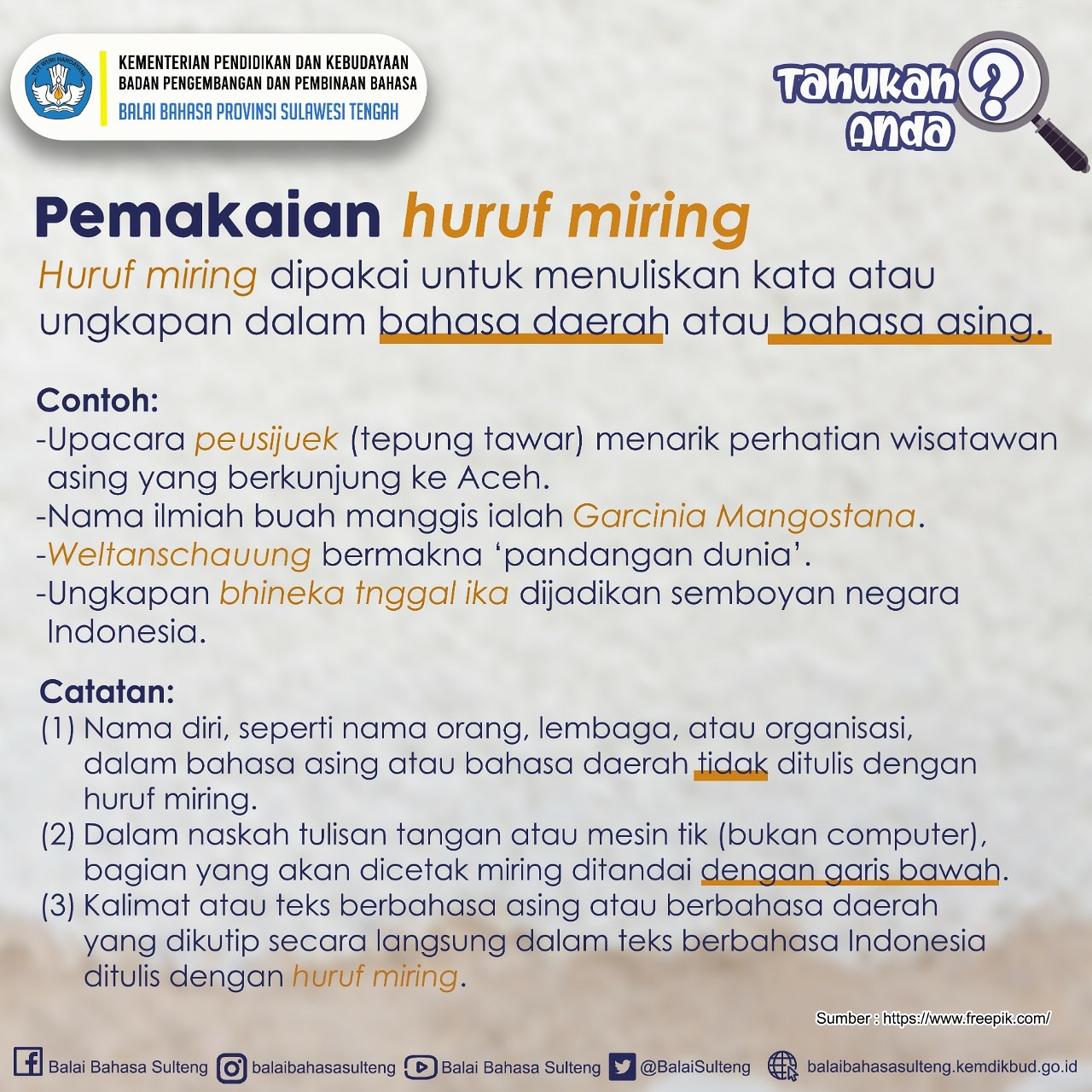 Balai Bahasa Sulteng בטוויטר Penggunaan Huruf Miring Sesuai Dengan Puebi Untuk Sahabat Puebi Penggunaan Huruf Miring Tata Istilah