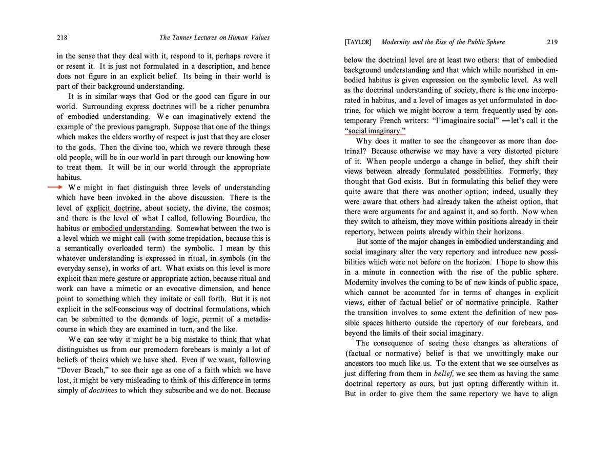 I've been working for a while on a joint article with  @RyleHodges on the implications of Charles Taylor's philosophical anthropology for how we write the history of ideas. Our starting point is the ‘three levels of understanding’ he distinguishes in his 1992 Tanner Lecture.
