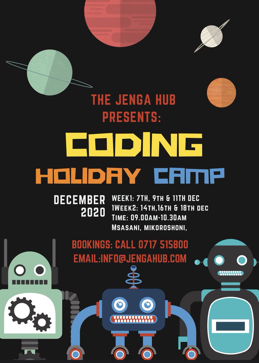 Jenga Hub (@jengahub) on Twitter photo We will be hosting a holiday camp for our tinkers and makers starting from 7th of December! Make your bookings through the email/ info@jengahub.com or call the number 0717515800! #JengaCamp #CodeNinjas #Makeyourbot #Gamify #Gamers #ScratchEd #arduinoproject #Coding We will be hosting a holiday camp for our tinkers and makers starting from 7th of December! Make your bookings through the email/ info@jengahub.com or call the number 0717515800! #JengaCamp #CodeNinjas #Makeyourbot #Gamify #Gamers #ScratchEd #arduinoproject #Coding