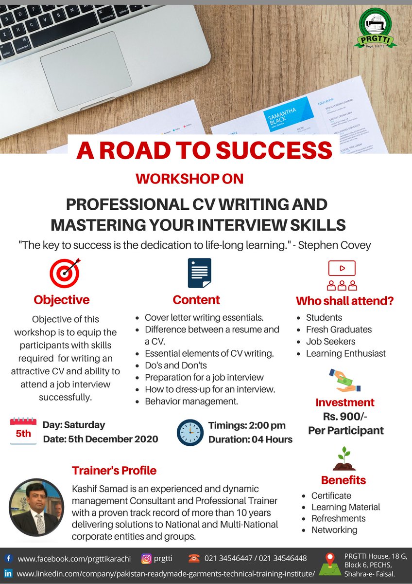 PRGTTI Workshop on "Professional CV Writing and Mastering Your Interview Skills". A must learn trade for students, job seekers and professionals as you market yourself in the industry for growth &amp; better opportunities. For registration call at 021 34546447 / 021 34546448