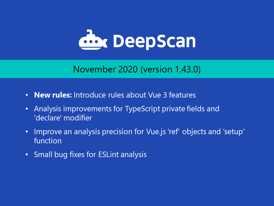 deepscan_io's tweet photo. #DeepScan has published November release last week. More new rules for #Vue to help you. Many improvements for more precise #TypeScript and #JavaScript analysis.
Read more in https://t.co/Rl8CTGcqu2 
#javascript #React https://t.co/LIK4lnsRtu