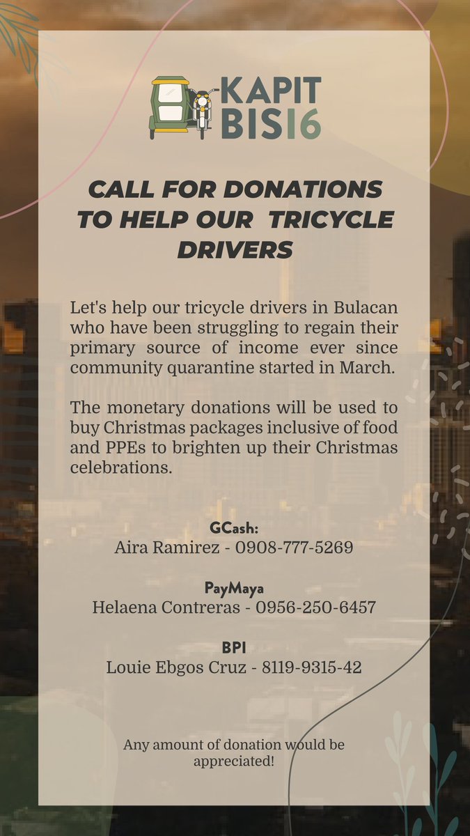 kapitbis16's tweet photo. It's already December!

Here's a chance to help our tricycle drivers in Bulacan celebrate this season 🎄

The monetary donations will be used to buy Christmas food packages and PPEs for their families. ❤️ https://t.co/MEmyFBoTaG