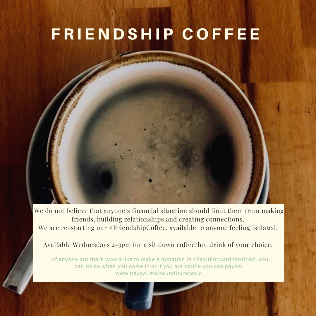 soundloungeCIC's tweet photo. At The Sound Lounge Morden we are re-starting our #FriendshipCoffee initiative, available to anyone feeling isolated.
Please visit The Sound Lounge Morden Wednesdays at 2pm throughout December to come sit down and enjoy a hot drink on us, social distancing measures in place. https://t.co/vM9LyxMaaC