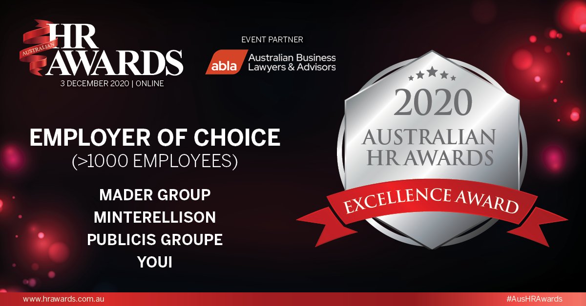 The Employer Of Choice (>1000 Employees) excellence awardees are <a href="/Mader_Group/">Mader Group</a>, <a href="/minterellison/">MinterEllison</a>, <a href="/PublicisGroupe/">Publicis Groupe</a> and <a href="/youi_insurance/">Youi</a>! Congratulations! #AusHRAwards