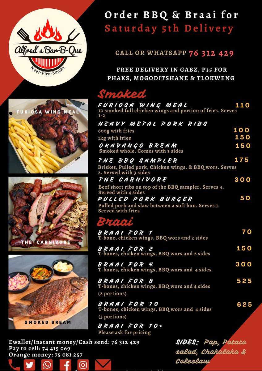 ALFREDSBARBQUE1's tweet photo. We are back taking orders for Saturday 5th.
Free delivery within Gabz.
Smoked Okavango Bream back in the menu!

Call or WhatsApp 76 312 429 https://t.co/Wa6d0yREu3
