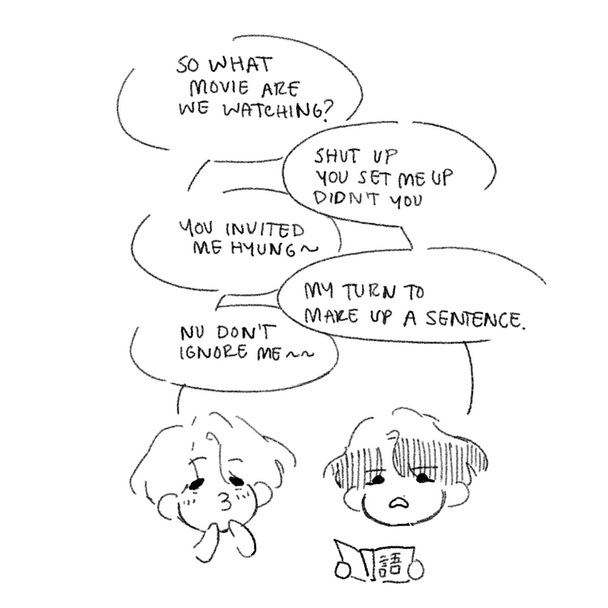 I had my Japanese final exam today, so yesterday I was studying with a classmate and we were giving each other sentences so we can translate them to Japanese...
.
I was Jimin here, Hoseok would be classmate KEKEKE