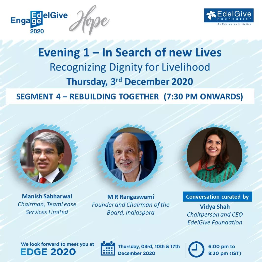 We have a terrific line-up of conversations awaiting you TODAY 6 pm onwards.

Log in using your registered email ID to the Virtual experience of #EDGE2020. Link - edelgiveedge2020.com

#EDGE #EdelGive #Hope #StoriesonHope #empowerment #StoriesofResilience  #migrantstories