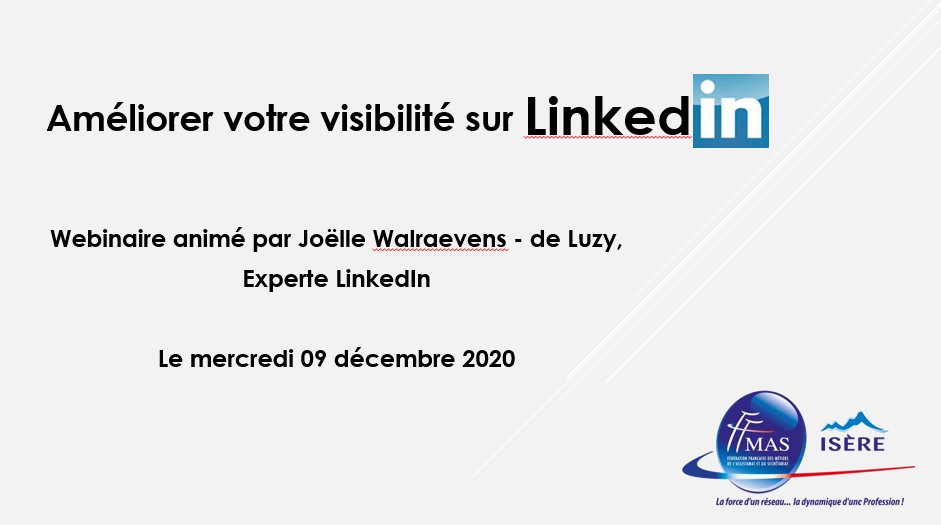 Prochain webinaire @ffmas38 le 09/12 à 17h30 : "Améliorer votre #visibilite sur #Linkedin" animé par Joëlle Walraevens-deLuzy.
Inscrivez-vous !
Gratuit pour les adhérent·e·s FFMAS.
Ouvert aux non adhérent·e·s.
#reseauxsociaux #page #internet #algorithme
buff.ly/36v1cFa