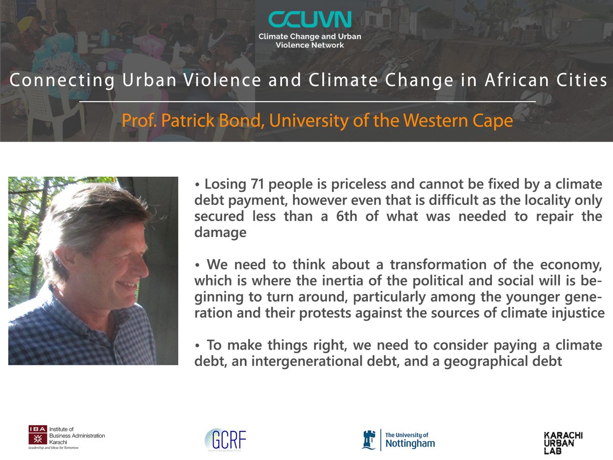 GCRF_CCUVN's tweet photo. Droughts are a major cause for #urbanviolence in #SouthAfrica. Prof. Bond suggests intergenerational and climate equity through rethinking economic models and holding those in power accountable for financial support
#GCRF #CCUVN
@KarachiUrbanLab @UKRI_News @Kounkuey @KDI_Kenya https://t.co/dy8qBTTodE