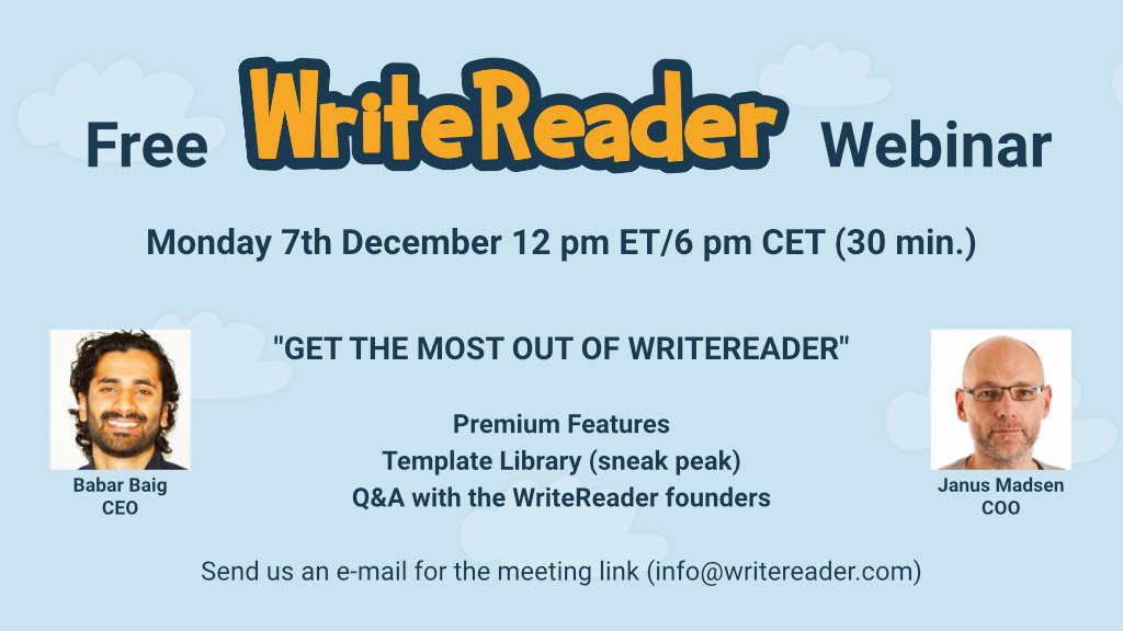 WriteReaderApp's tweet photo. To Get Most out of WriteReader: Join our free WriteReader #Webinar on Monday 7th Dec, 12 pm ET / 6 pm CET (30 mins). Highlights include: Premium features of WriteReader and Template Library. Email info@writereader.com for the link/invitation. Don't miss it! https://t.co/axoL6AuZbT