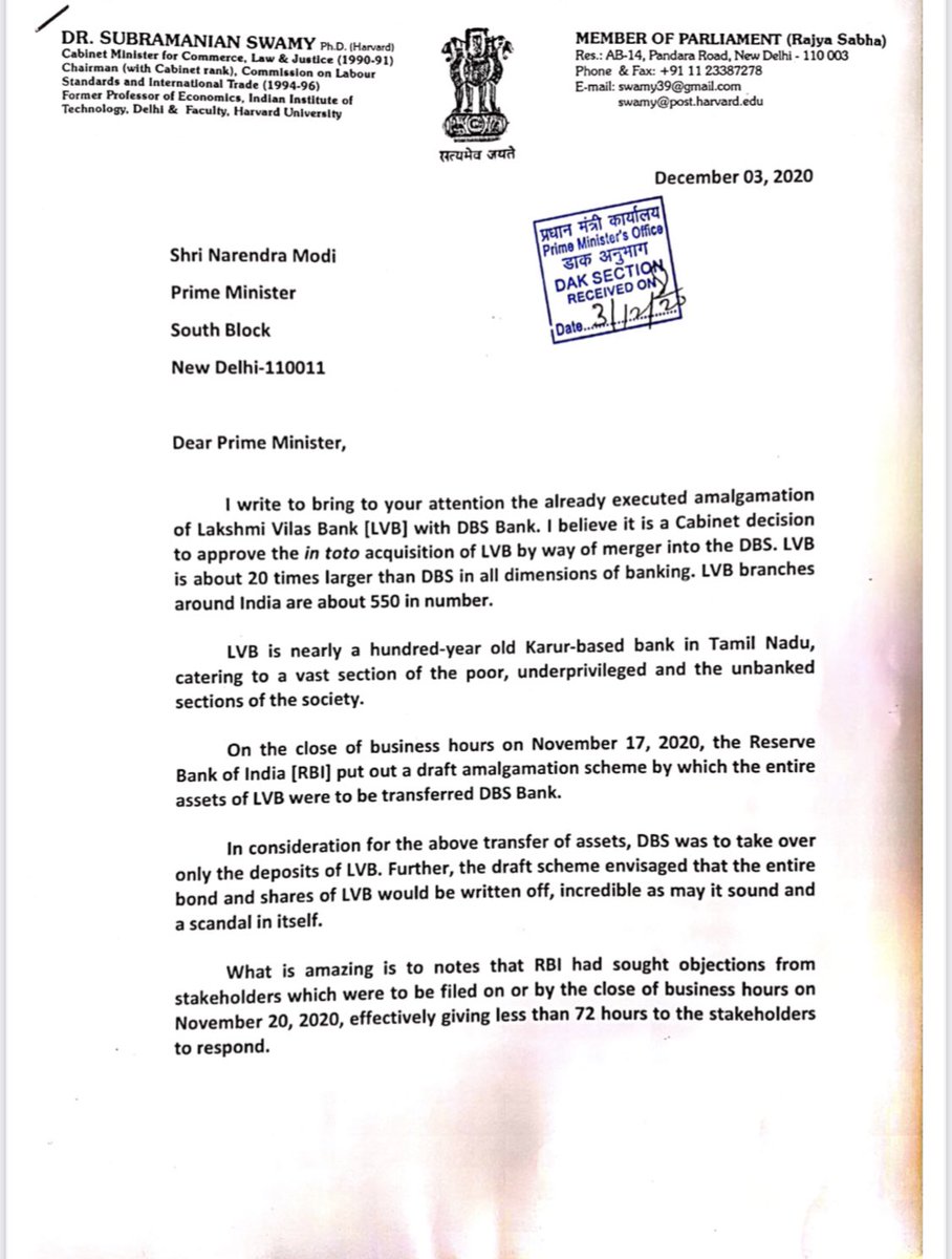 Swamy39's tweet image. I have written to Prime Minister @narendramodi today about the corrupt merger of Laxmi Vilas Bank with DBS