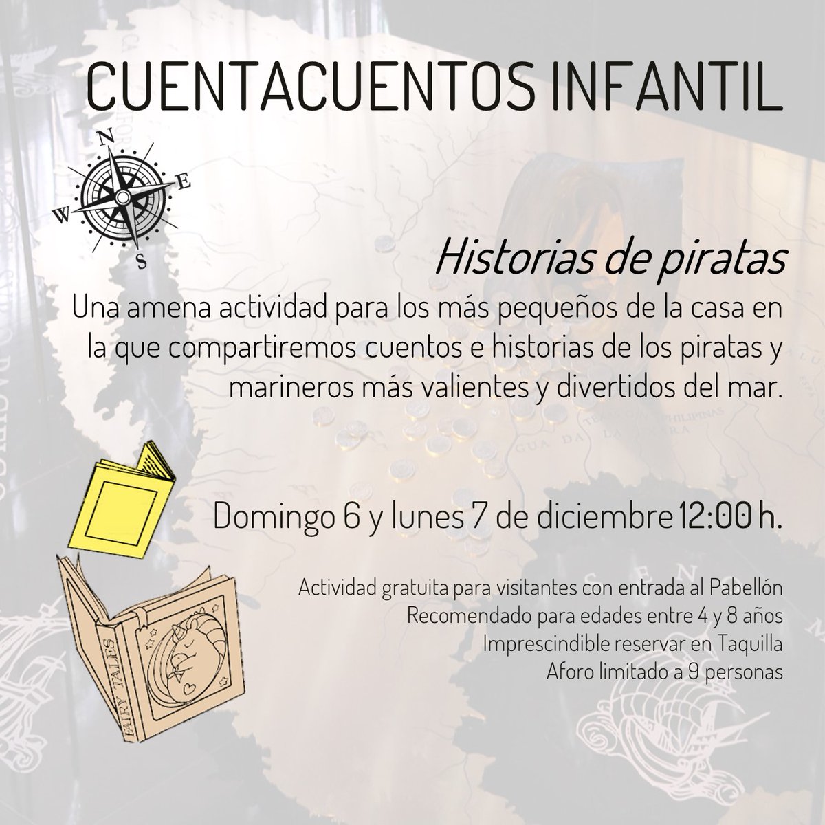 PNavegacion's tweet photo. 📚📖Ya tenemos nueva actividad para el #Puente de diciembre:  un  cuentacuentos infantil "Historias de Piratas"
🏴‍☠️📅⏱️
Domingo  6  y lunes 7 de diciembre  a las 12:00 h
Público familiar, infantil.
👇Actividad gratuita con la entrada del @PNavegacion https://t.co/6M6j8qa0aR