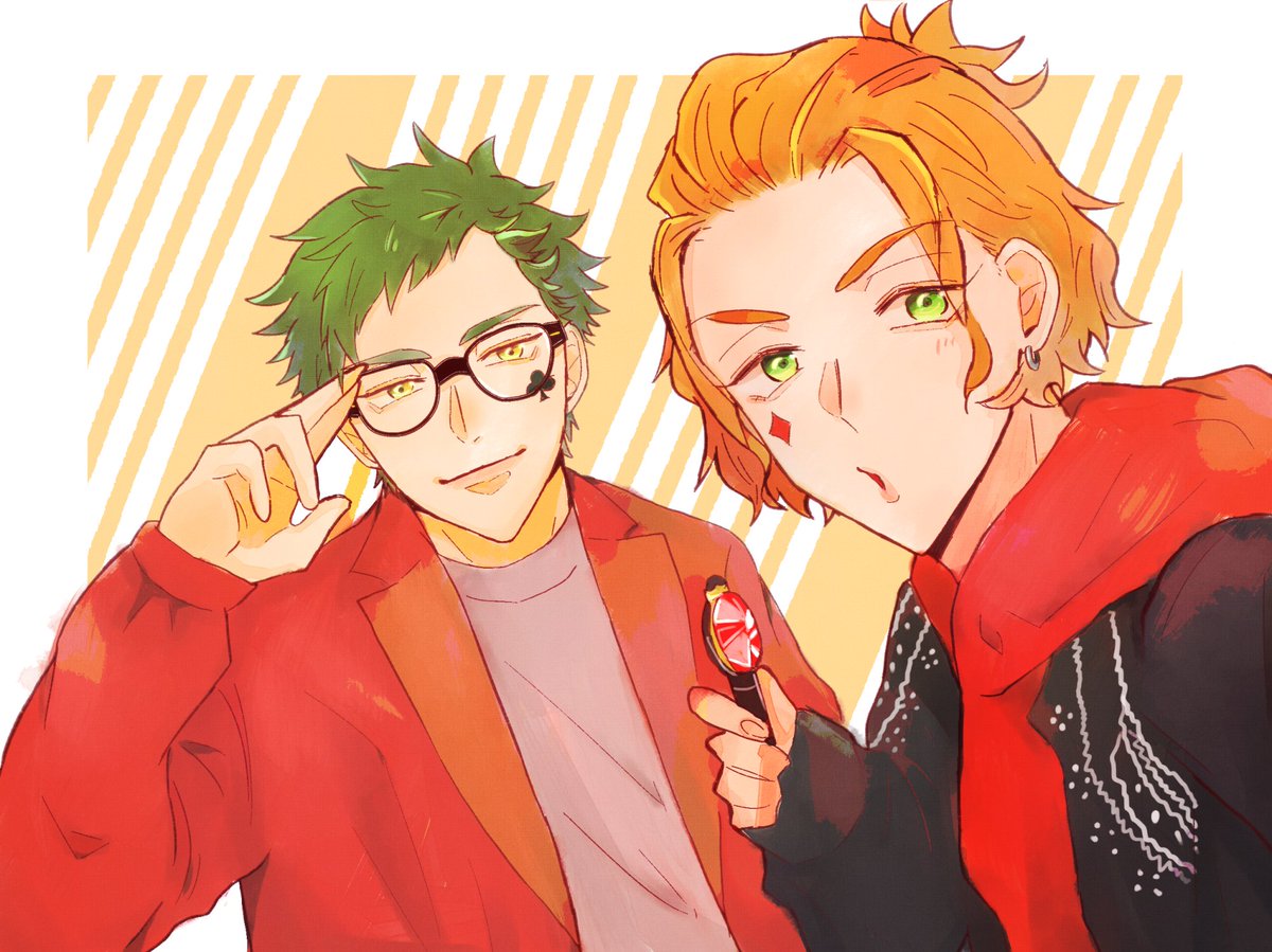 green hair multiple boys 2boys green eyes male focus glasses orange hair  illustration images