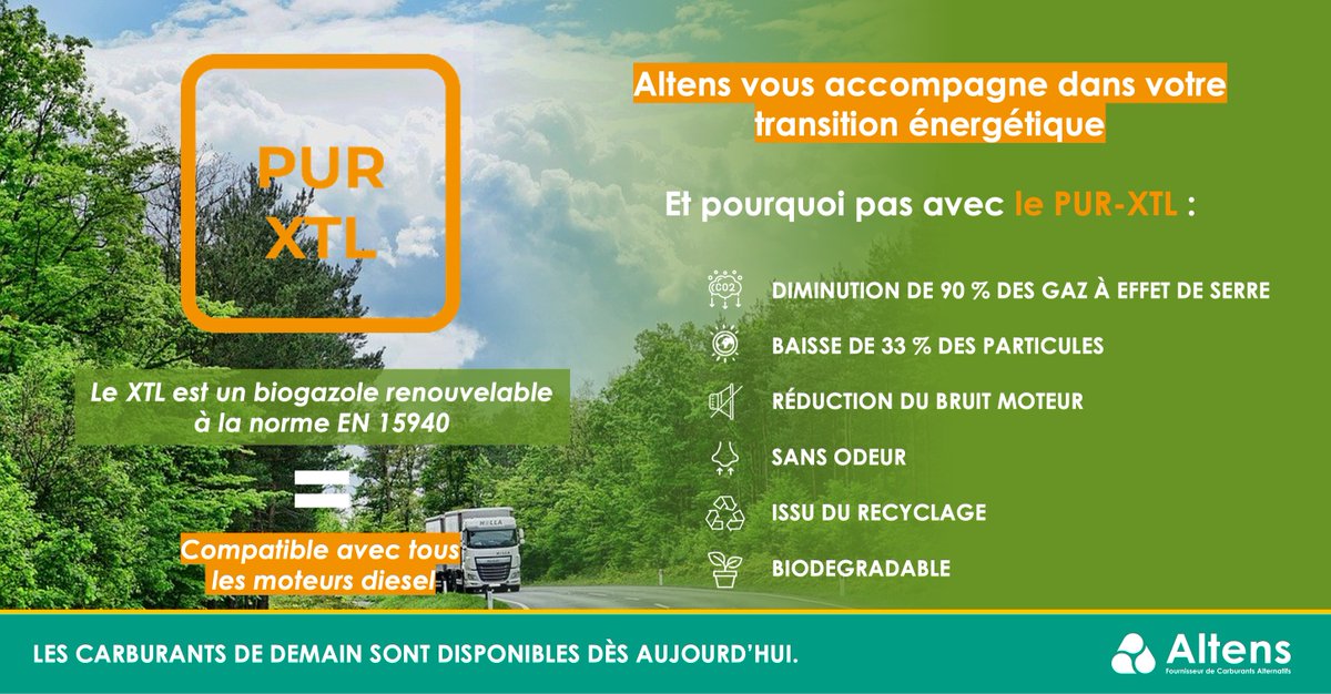 AltensFr's tweet photo. ���� Connaissez-vous le XTL ? Le seul carburant alternatif homologué pour l’ensemble des motorisations diesel. 
✅ Biodégradable
✅ Jusqu'à 90% de réduction de CO2
✅ 33% de particules en moins
✅ Réduction de 9% des NOx
✅ Réduction du bruit du moteur
#transports #environnement https://t.co/tmbH17QVk9