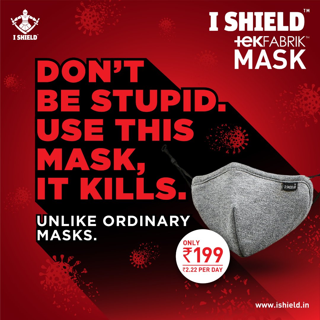 IshieldIndia's tweet photo. At INR 2.22/- per day, wouldn’t it be stupid to use any other mask?
Be safe. Step out confidently during the pandemic, with a mask that kills the Covid-19 virus. I shield is a unique 6-layer, IS 212 molecule reinforced mask. Tested and approved by reputed laboratories. https://t.co/kLVEKBW6D7