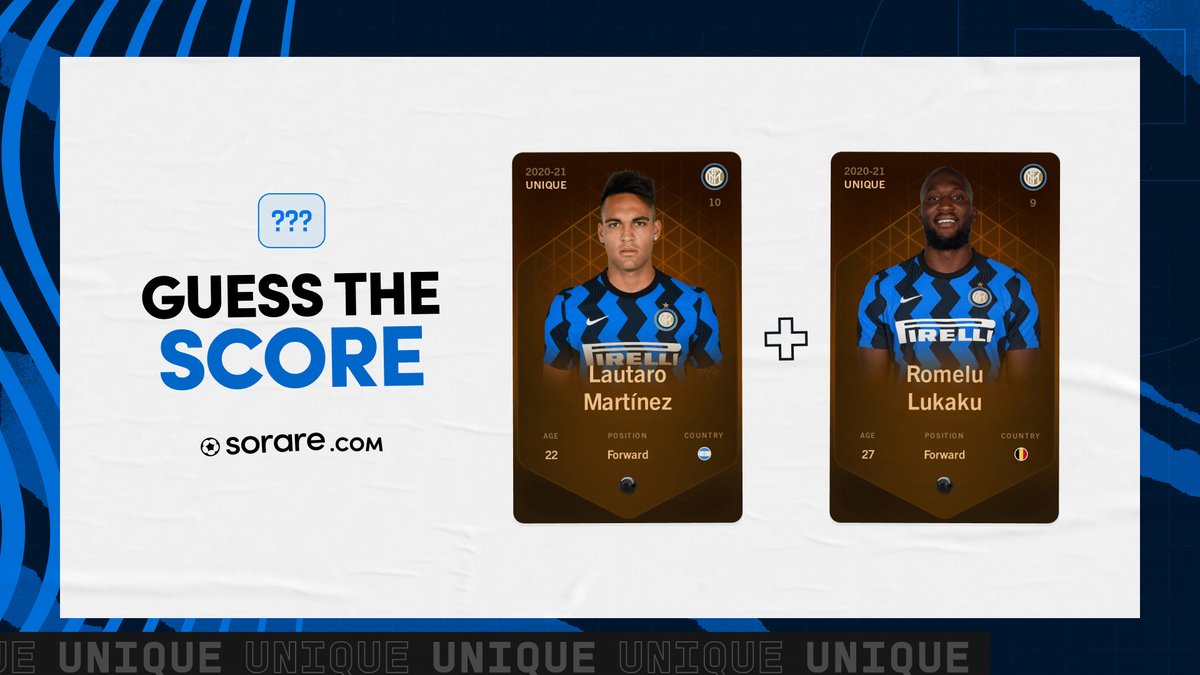 Sorare's tweet photo. 1/ Guess the Score Competition

@Inter strikers Lukaku and Martinez have their 2020-21 Unique card auctions this Sun 6th 22:00 UTC

🎁🎁🎁
1⃣Guess their combined GW122 score with your Sorare Manager name in the comments
2⃣Retweet

Closest wins a rare card of the highest scorer! https://t.co/2mUYo3iaZr