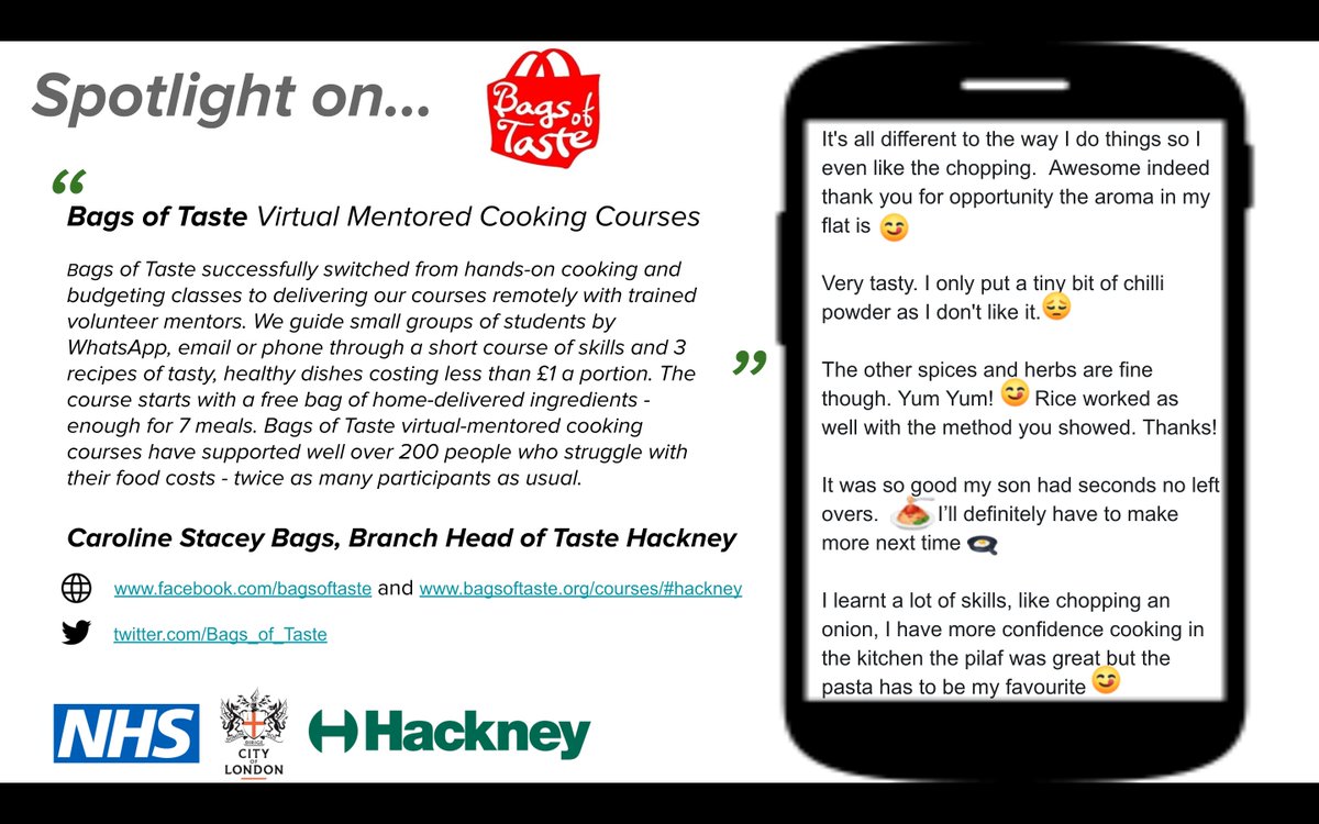 CityHackneyFSS's tweet photo. Amazing work from @Bags_of_Taste during the pandemic helping >200 with hands-on cooking and budgeting classes held virtually #HackneySpirit https://t.co/NNbgpG80p6
