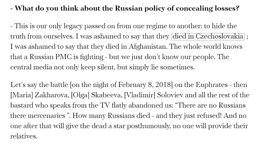 Some final points from the interview. He again points out his frustration that Russia, like the Soviet Union with its soldiers, won't acknowledge the deaths of private military contractors, including the Russian Foreign Ministry's spokeswoman and prominent TV pundits. 31/