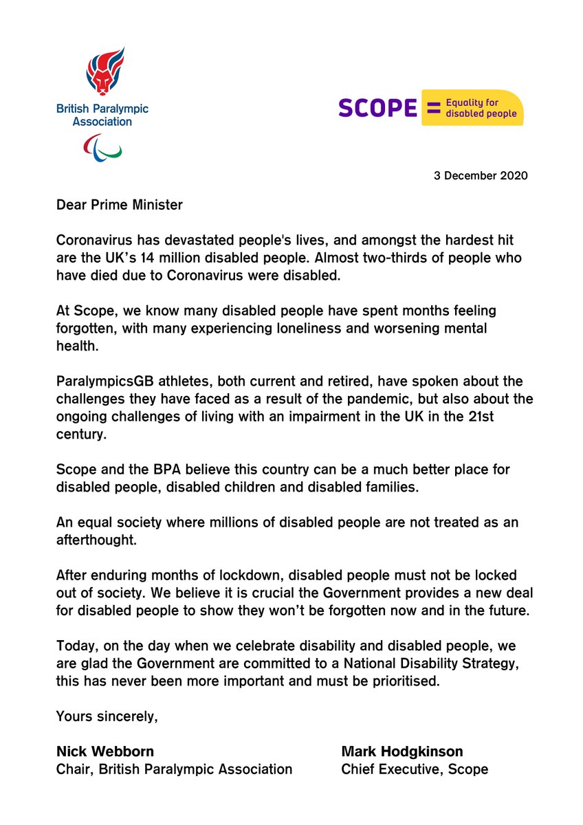 Dear <a href="/10DowningStreet/">UK Prime Minister</a>,

We are writing to you on #IDPWD2020 to emphasise the importance of ensuring that disabled people are not forgotten.

Full letter, screen readable: bit.ly/DearPrimeMinis…

#ImpossibleToIgnore 
<a href="/Scope/">Scope</a> | #WontBeForgotten