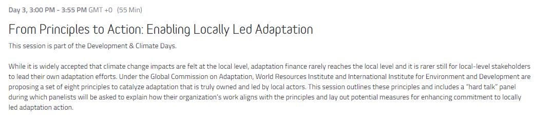 Thanks for following along with  #DCdays! Our last session of the conference will be at 3pm (GMT).Tune into 'From principles to action: enabling locally led adaptation', hosted by IIED,  @WorldResources &  @GCAdaptation -->  https://www.ur2020.org/agenda/session/440133