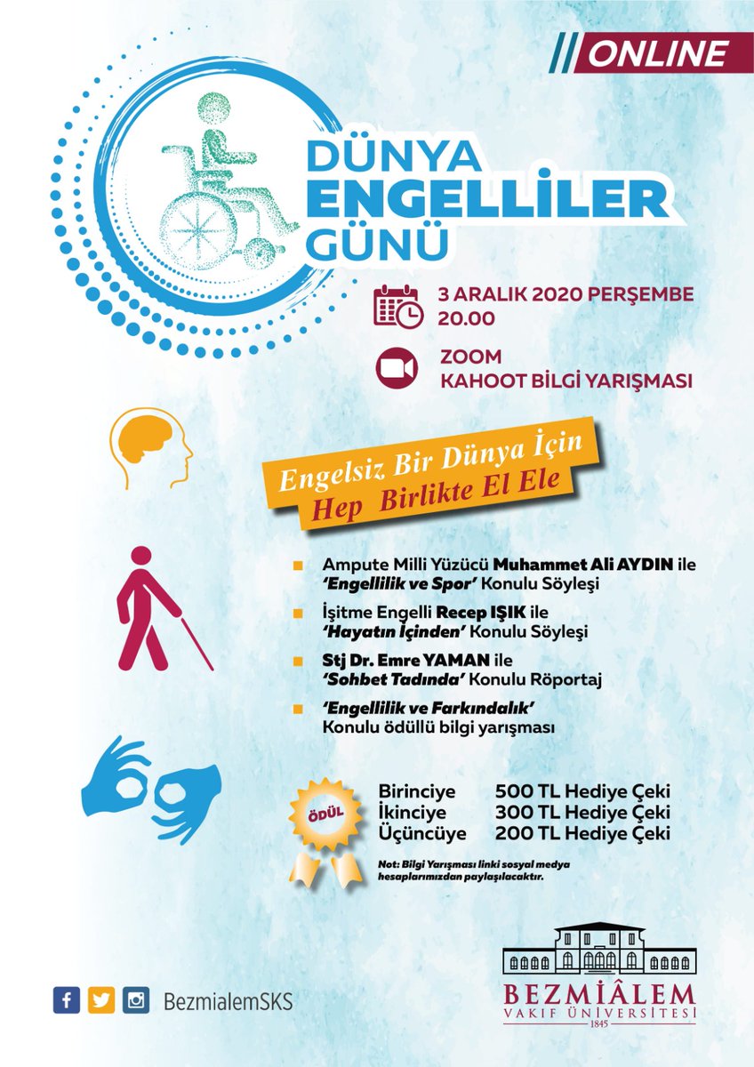3 Aralık Dünya Engelliler Günü kapsamında Söyleşi ve Röportajlarımızı sosyal ağlarımızdan takip edebilirsiniz . Ayrıca, 3 Aralık 2020, Perşembe günü saat 20.00'da Zoom üzerinden yapılacak olan bilgi yarışmasında dereceye girenlere ödüllerimiz 🎁mevcut. Kaçırmayın!