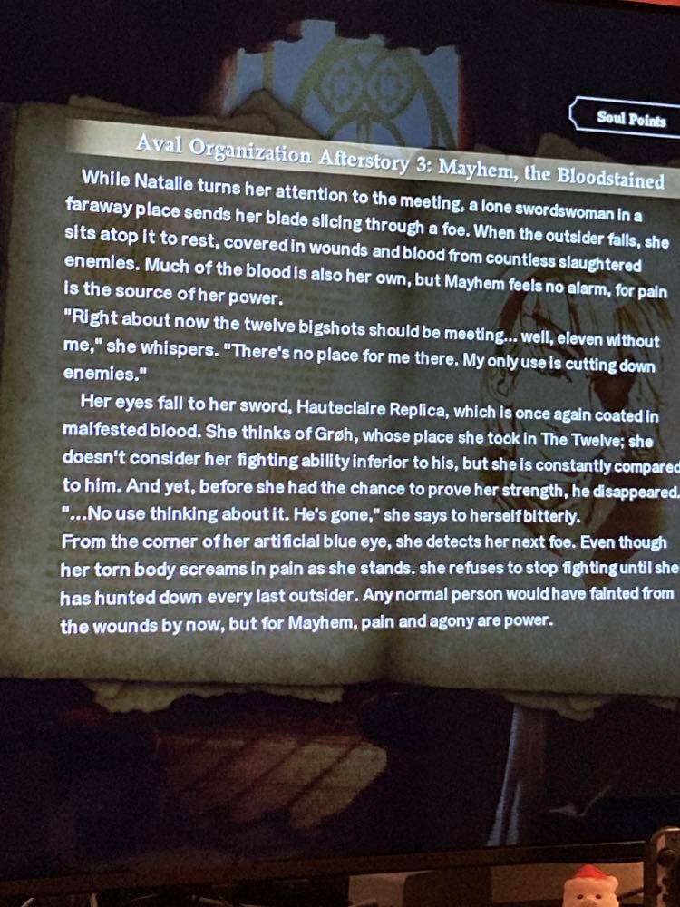 Mayhem:there's no easy way to say this. she's fem!Groh, essentially. and she hates it, bc no one will shut up about her similarities to him. she's his direct successor and shares a LOT of traits. got hella buffed by azwel's surgery, pain makes her stronger now?? she's. something