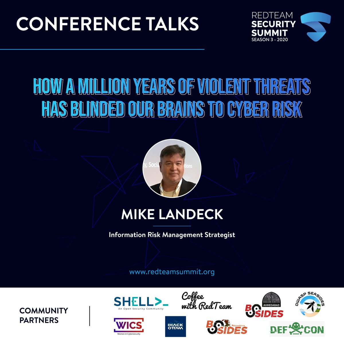 redteamacademy's tweet image. It&apos;s our pleasure to get you informed with the next talk topic &quot; How a million years of violent threats has blinded our brains to cyber risk&quot;.

@MikeLandeck 

@Owaspseasides 
@defcon 
@bsidesahmedabad
@ihack613

#RedTeamSecuritySummit2020 #SecuritySummit2020
#RedTeamHackerAcademy