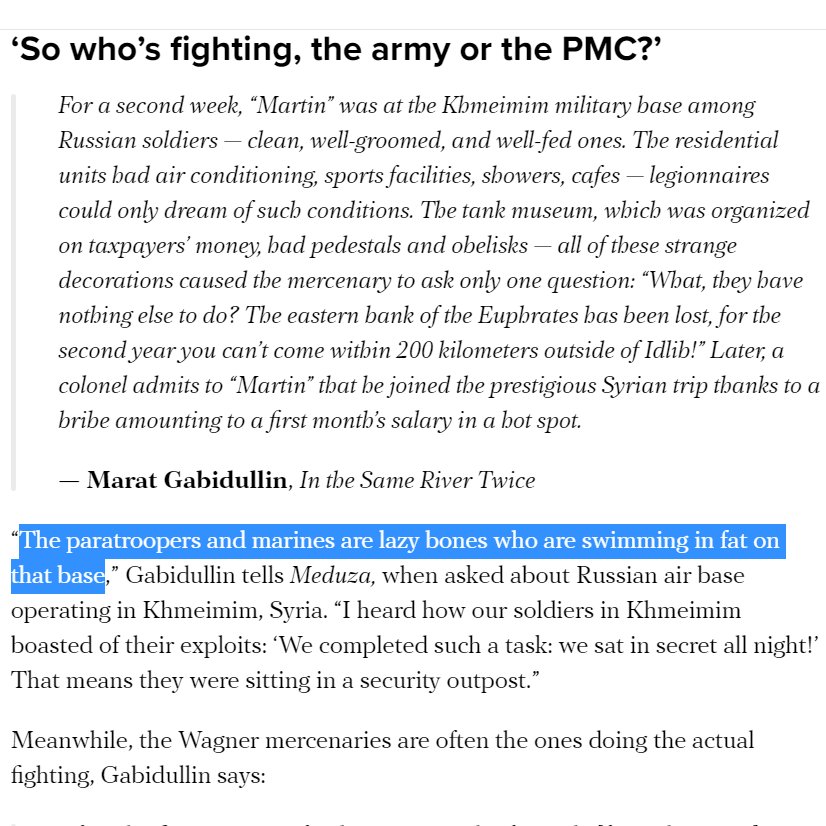 I've seen this sentiment expressed before by other Russian private military contractors. Even though they did much of the fighting in Syria, they publicly receive none of the credit, which is often directed to the Russian military, creating friction between the two. 25/