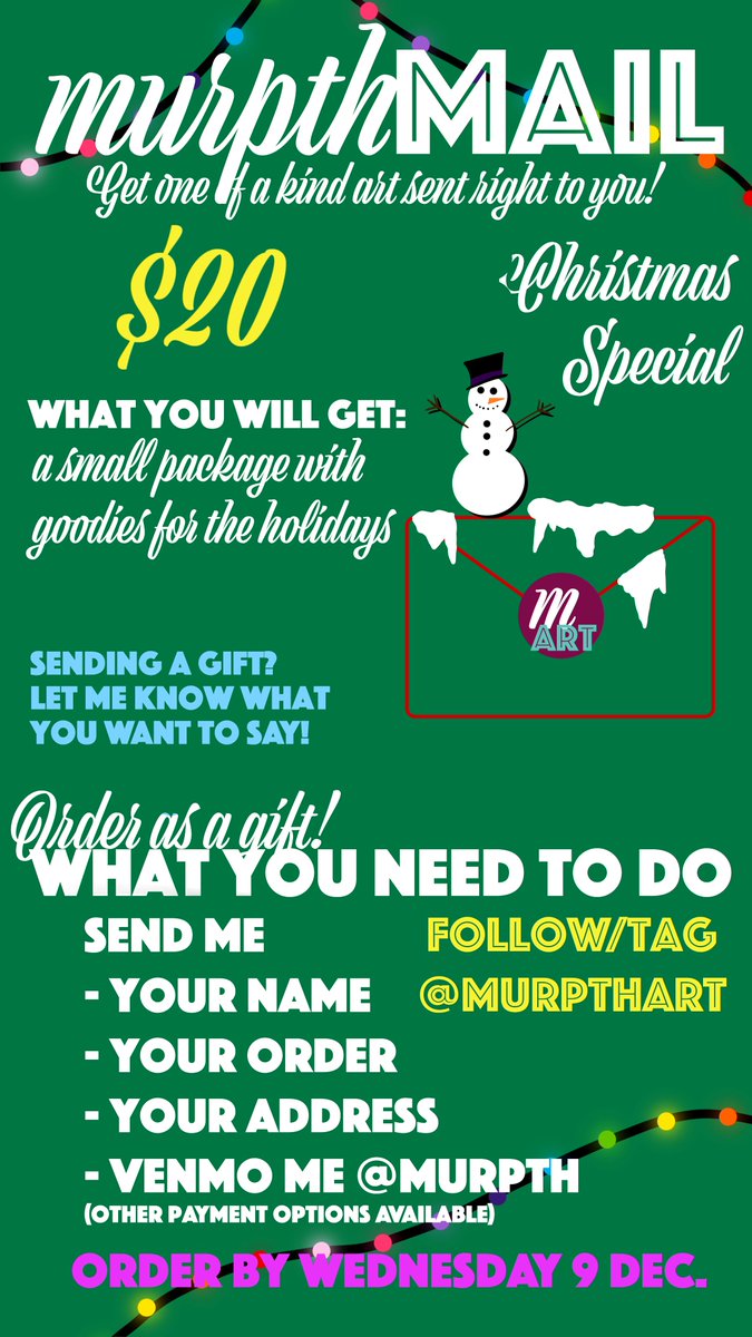murpthart's tweet photo. Christmas package orders are due by this Wednesday Dec 9! Get your orders in. 💜 

$20/package

#murpthMAIL https://t.co/AuXKokajgO
