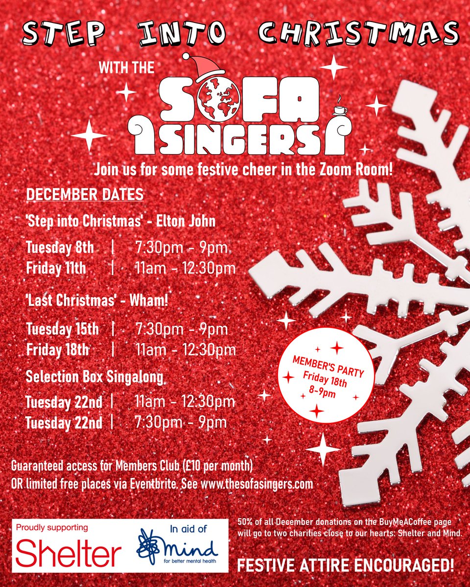 TheSofaSingers's tweet photo. Booking is now open for all of our festive sessions! Go to the Sofa Singers website to register for each event or join the members club for £10 for full access. Raising funds for @MindCharity & @Shelter all month via our @buymeacoffee page. Join us! #thesofasingers https://t.co/MQOpsjvxau
