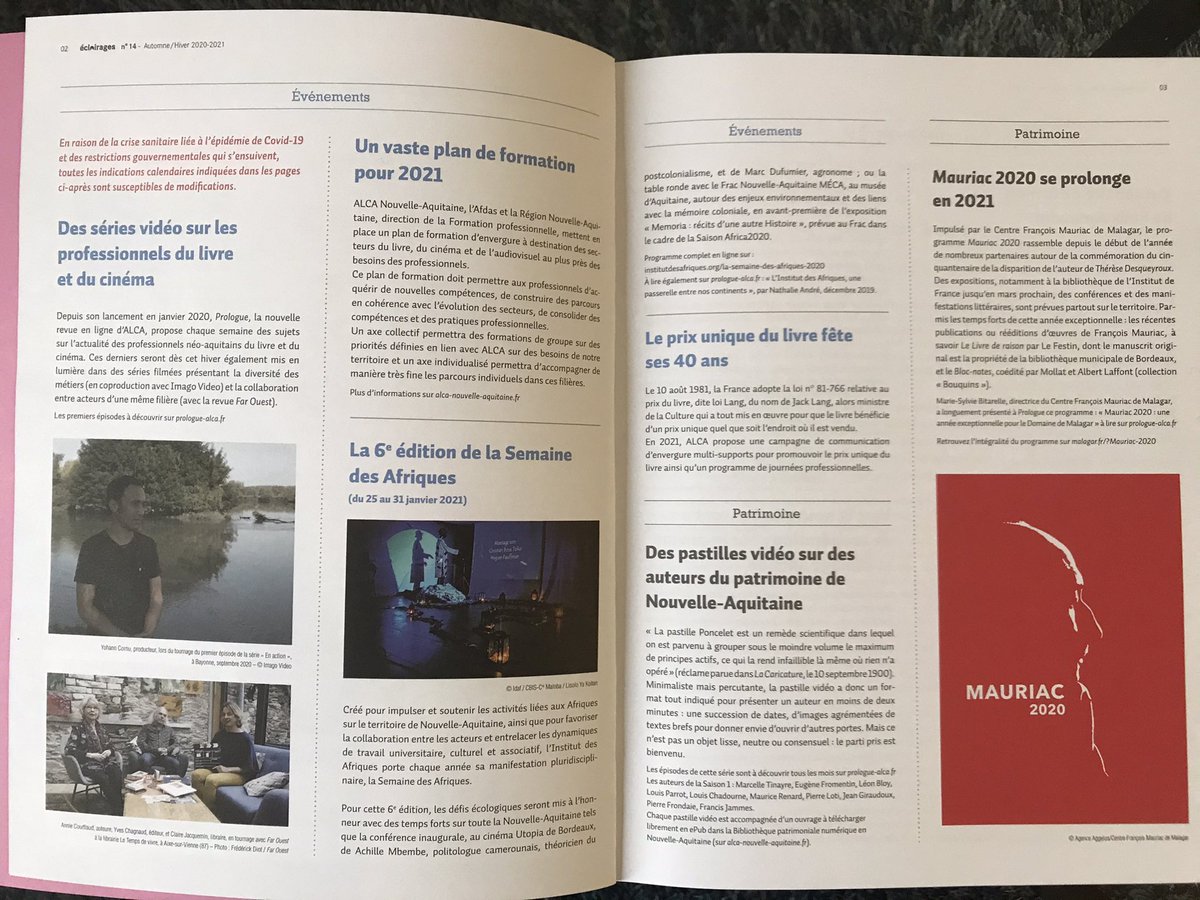 nicolasrinald1's tweet image. Le 14e #Éclairages, revue semestrielle d’@ALCA_NAquitaine, est sorti de presse et distribué ! 48 pages sur l’actu culturelle en @NvelleAquitaine dont un dossier sur l’adaptation des filières #livre et #cinéma à la crise sanitaire, à retrouver sur prologue-alca.fr/fr/eclairages