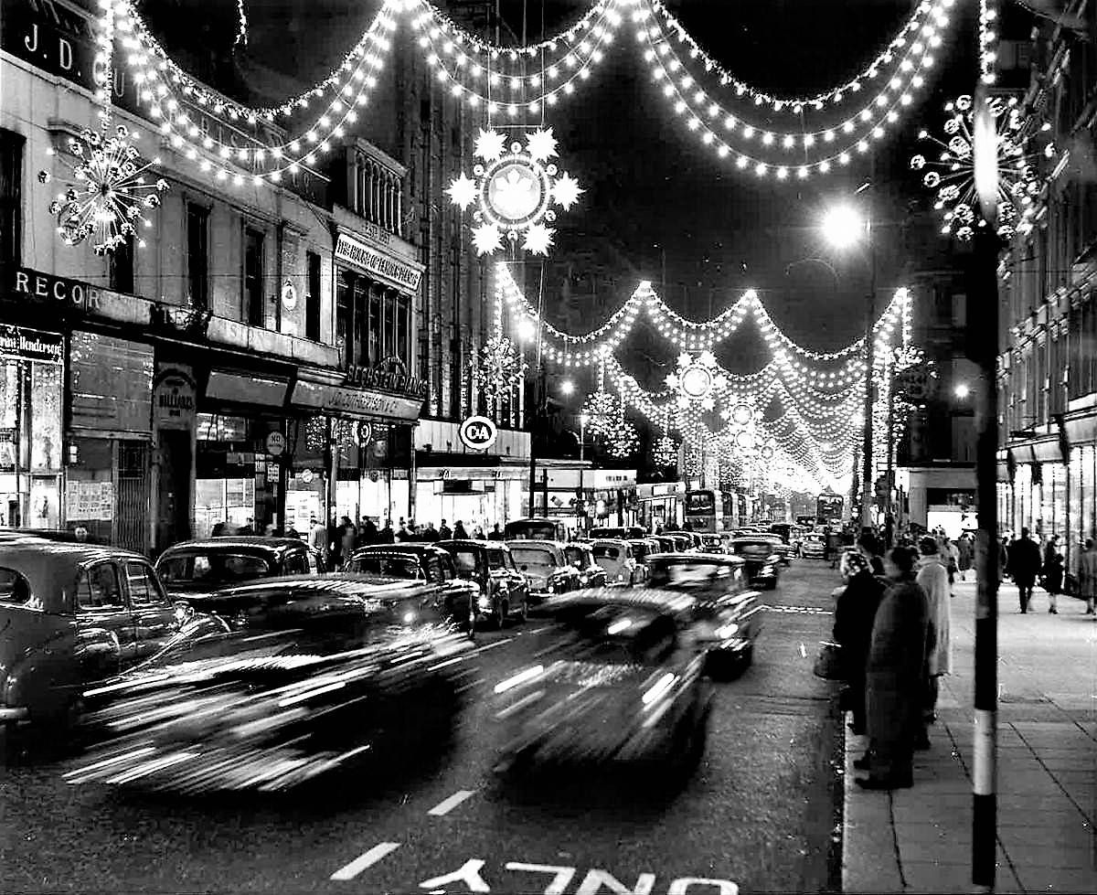 Day 3.The Ghosts of Christmas past  #AdventCalendar.Christmas lights on Sauchiehall Street in Glasgow 1962. Photo Herald Archives