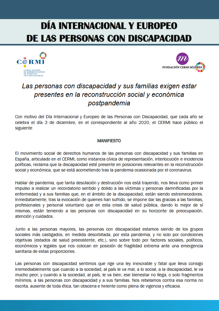 danocerebralE's tweet photo. Para dar comienzo al #DiaInternacionalDeLaDiscapacidad, compartimos el manifiesto de @Cermi_Estatal, en el que se reclama que la #discapacidad esté presente en la reconstrucción social y económica que se está acometiendo tras la pandemia de #COVID19.

#DiadelaDiscapacidad https://t.co/y0lSu33utZ