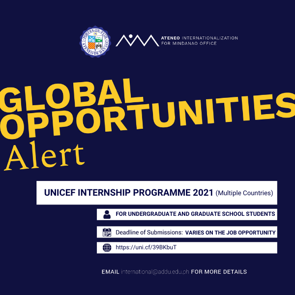 ADDU_Global's tweet photo. ALERT📣| UNICEF Internship Programme 2021
UNICEF offers students and recent graduates the opportunity to gain practical experience with UNICEF's work. These fully-funded internship opportunities are available worldwide.
🌐https://t.co/qzSfypAKVl
#GlobalMindanao
#AIMAlert https://t.co/pnyLNsXsyT