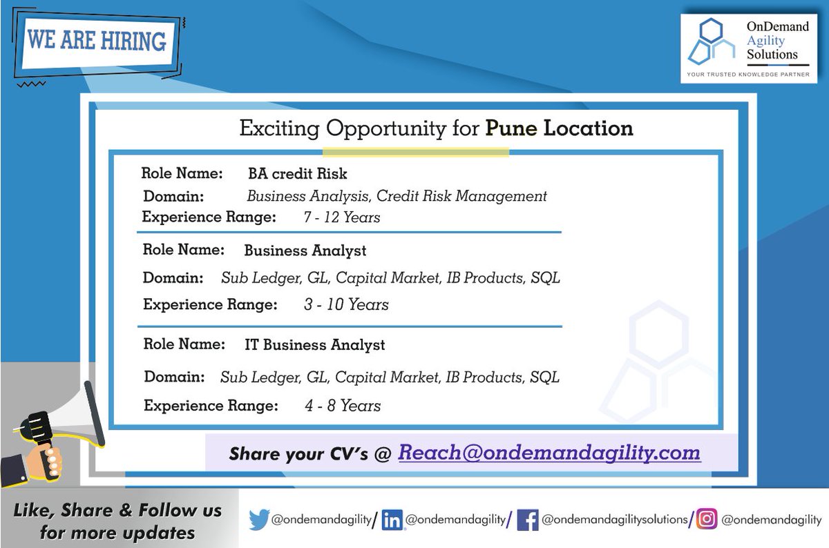 ondemandagility's tweet photo. To Apply 📧 - Reach@ondemandagility.com
*Subject – Location :: Role :: Experience
*Candidate must be available for the Pune location.
#ODA #SQL #PuneJobs #CapitalMarket #BFSI #GL #SubLedger #Technology #RiskManagement #BigData #CreditRisk #IT #IoT #Agility #FinTech #Automation https://t.co/Bwbzftd9Mz