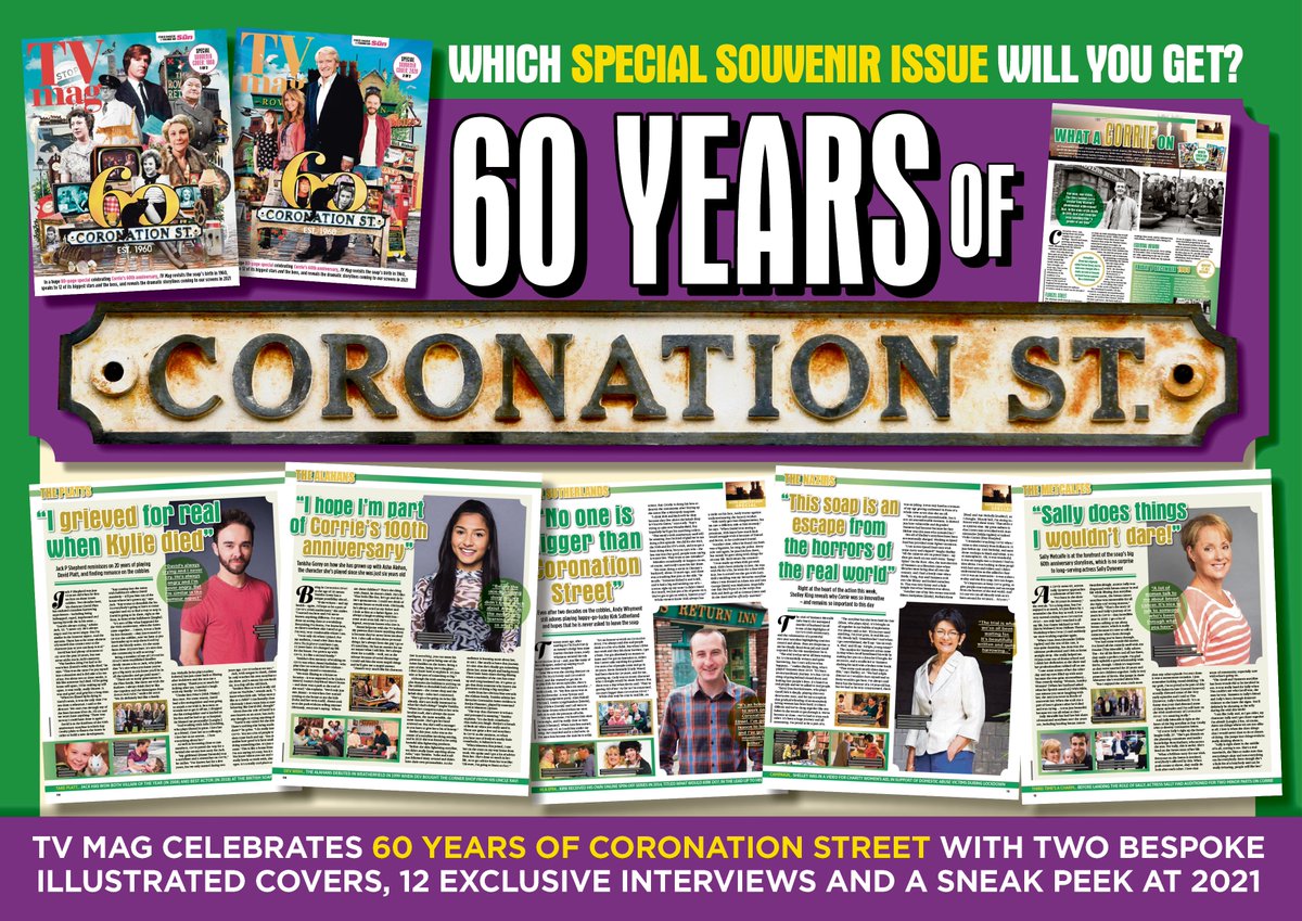 TheSunTVMagEd's tweet image. #Corrie fans, you CANNOT miss this... This Saturday #TVMag celebrates 60 years of @itvcorrie with two special souvenir covers (1960 and 2020) and gloriously nostalgic exclusive interviews with these wonderful actors - deep breath! - ... 1/2