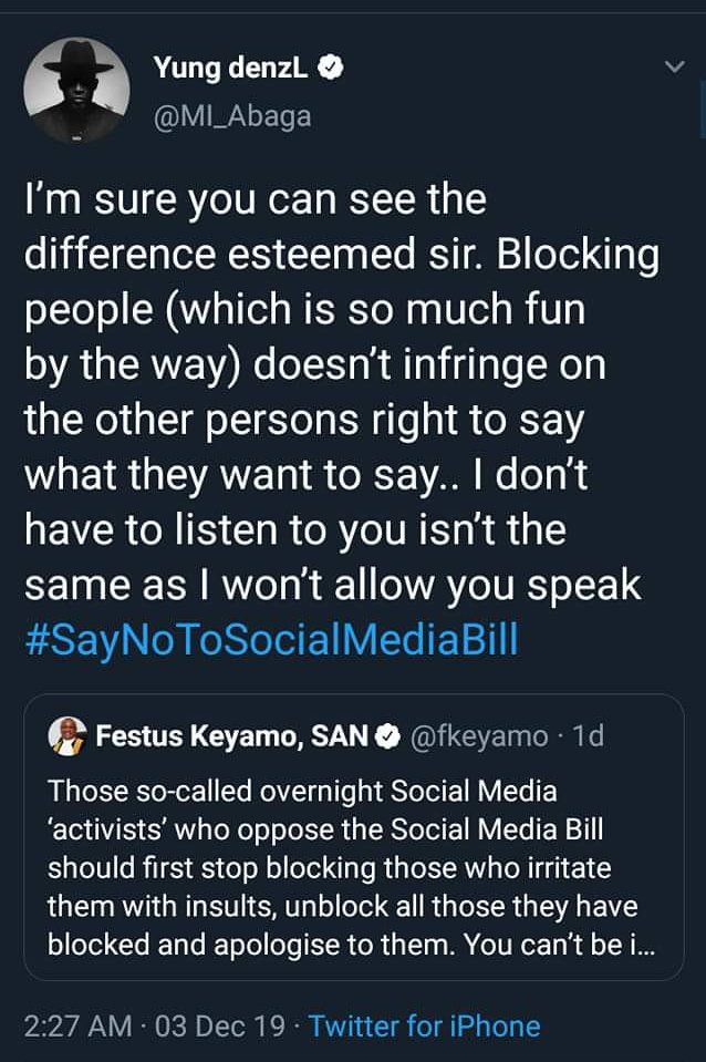 Still Valid! 
Keywords: 'I don’t have to listen to you, isn’t the same as I won’t allow you speak' #SayNoToSocialMediaBill