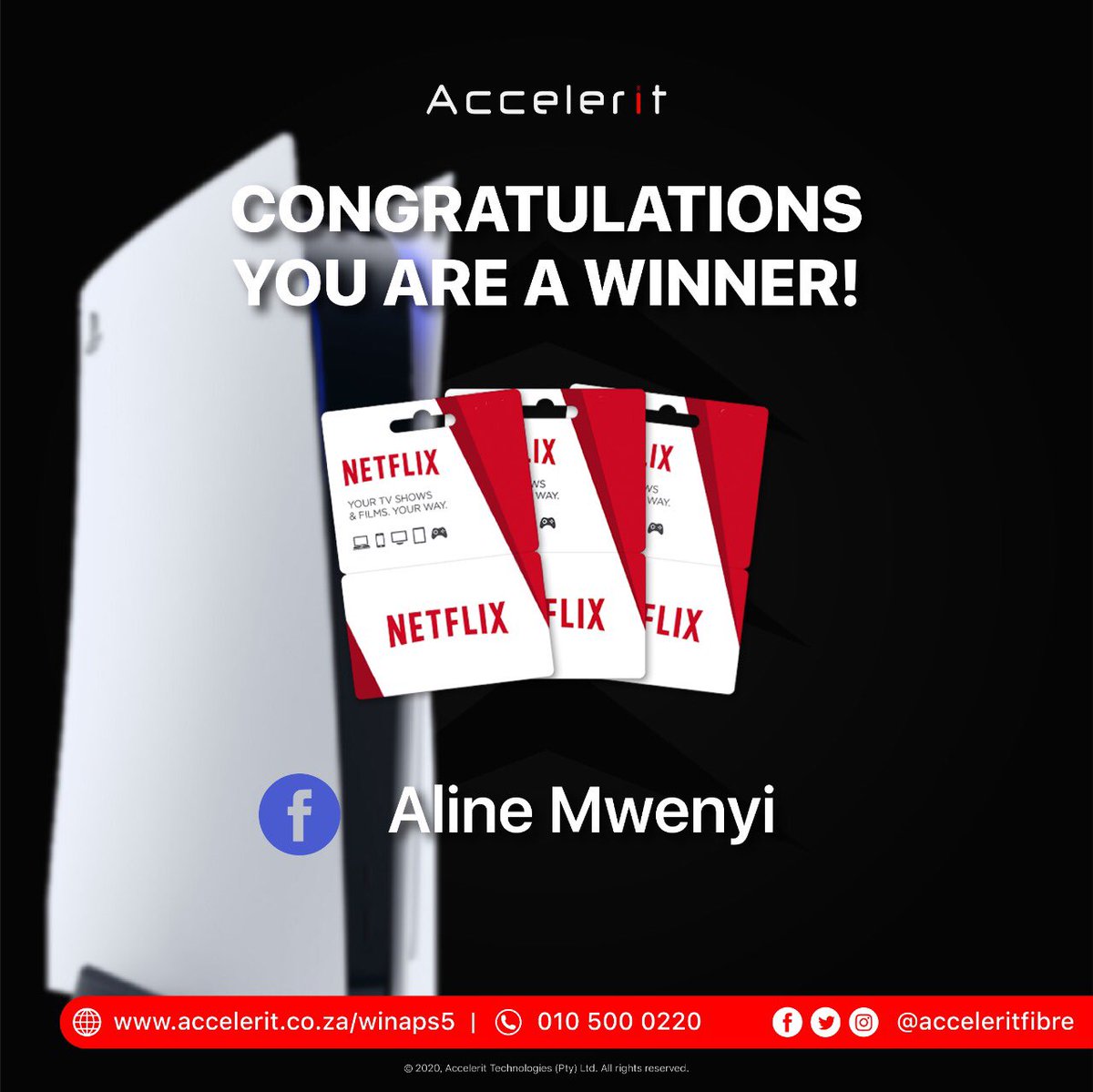 acceleritfibre's tweet photo. Congratulations Aline Mwenyi you are a winner! Thanks for participating in our #playstation5 giveaway, you win a Netflix Gift voucher, coming your way.
Enter today on https://t.co/V8Jg4sWqo7 π #accelerituncapped https://t.co/WNErQLcfjg