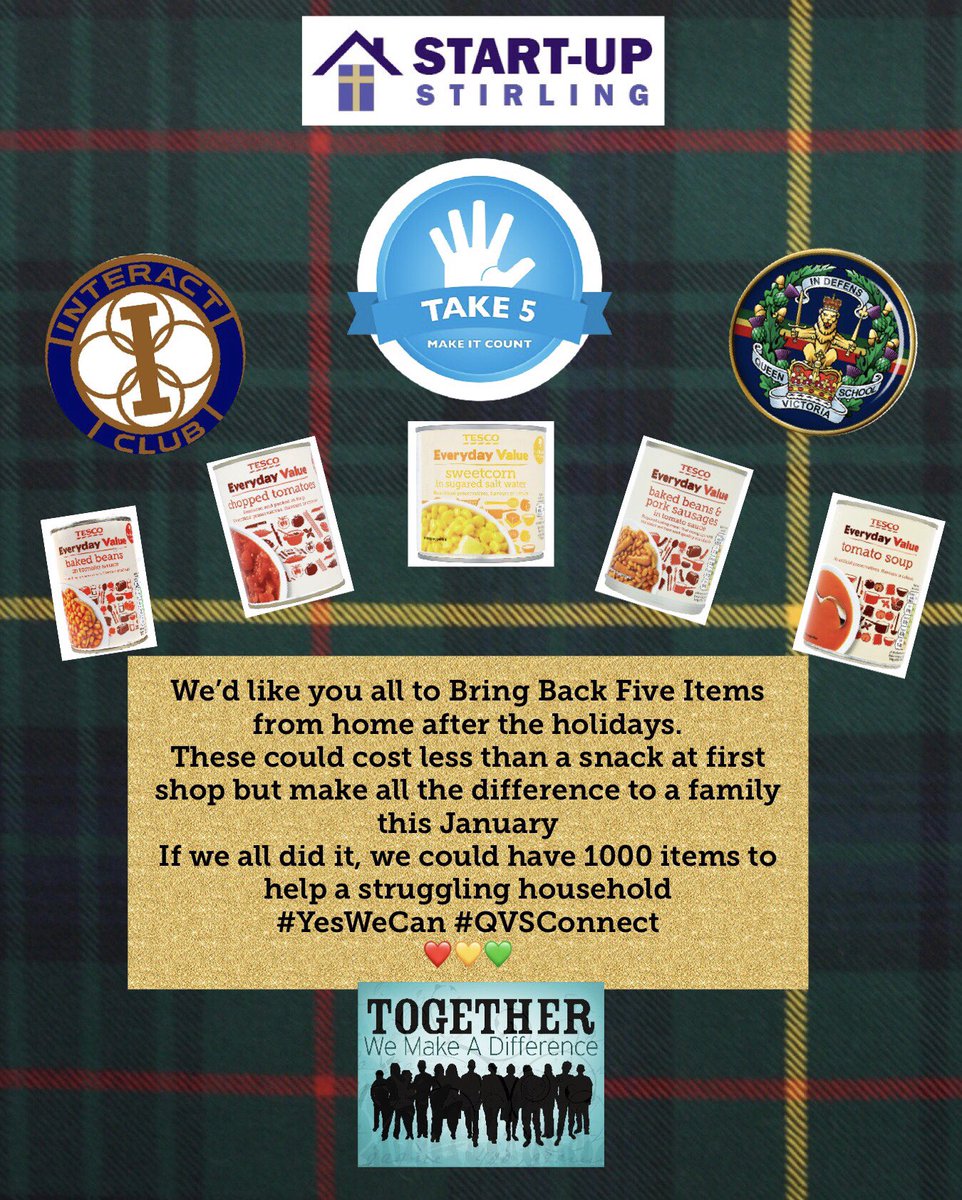 DeputyPSupport's tweet image. @QVSchool @QVSINTERACT #YesWeCan #TakeFiveAppeal  @stirlingstartup QVS Interact Club launches their annual January Food Appeal  #MakeADifference 
❤️💛💚 🥫🥫🥫🥫🥫 #TakeFive 🙌🏻
@Rotarydunblane @Rotary1010 ✨