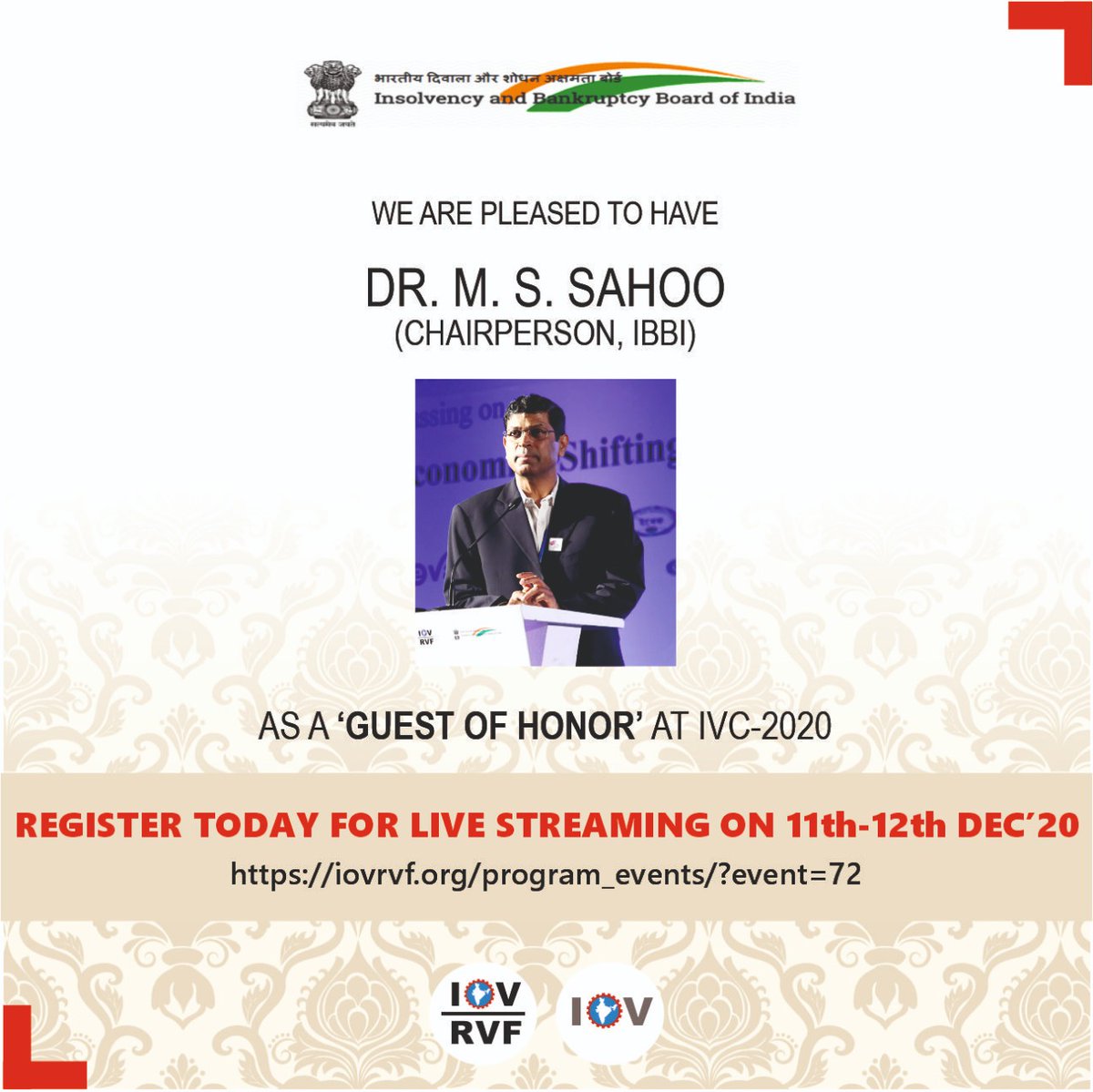 VinayGo33583772's tweet photo. Pleased to have Dr. M. S. Sahoo gracing the Indian Valuers Congress at Coimbatore on 11th & 12th December, 2020. Details are available https://t.co/DqpNfPtl3X
@IBBIlive
@IOVRVF
#iov #IVC #indianvaluerscongress #valuationsummit #valuationseminar #indianvaluers #valuersofindia https://t.co/o8gCwnn9B0