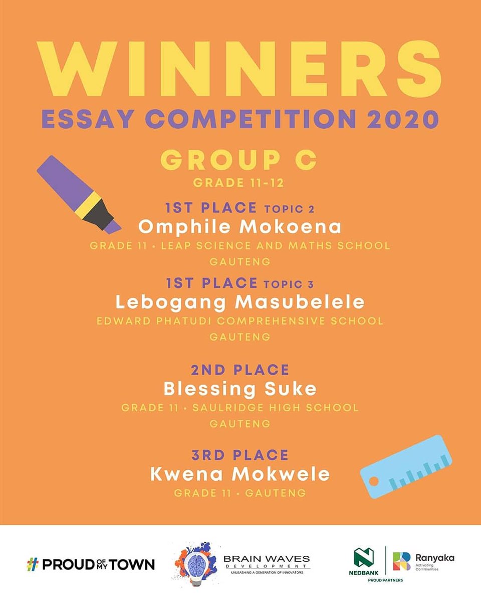 Brainwaves_dev's tweet photo. We are excited to announce our National Essay Writing Competition Winners!!!

The links to the winning essays will be uploaded daily.

Keep a look out on our Facebook page. https://t.co/puQGBvs6BW