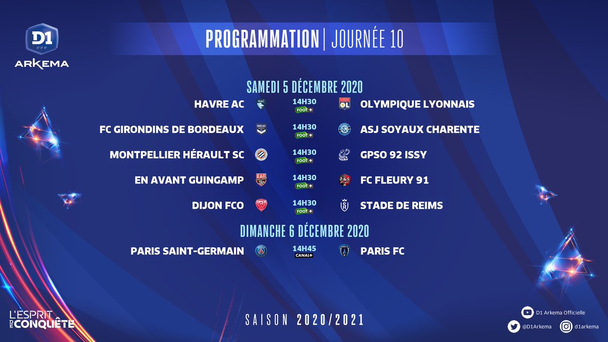 Le programme de la 11ème journée de @D1Arkema qui débutera samedi avec notamment le match du HAC face à <a href="/OLfeminin/">meg</a> 
#HACOL