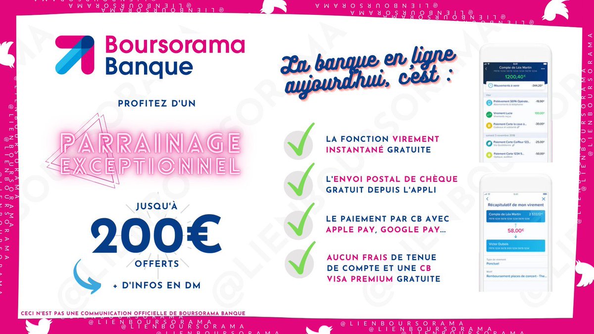 lienboursorama's tweet photo. 🤩 LA BANQUE EN LIGNE AUJOURD’HUI, C’EST... 🤩

Une vraie banque ✅ mais quasiment gratuite 👀 et jusqu’à 200€ offerts à l’ouverture avec mon lien de parrainage 🔥

+ d’infos en DM ✉️

#boursorama #banque #changerbanque #banqueenligne #meilleurebanque #parrainage #parrain https://t.co/6Wecd6PCpn