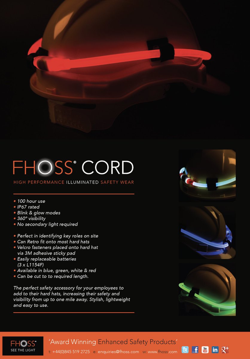 With darkness arriving, FHOSS CORD for hard hats is the perfect solution to keep your work force visible, selection of colours to identify key workers are also available, contact us today for more information, ak@fhoss.com or 0845 5192725 

#safetyawareness #beseen #safeproducts